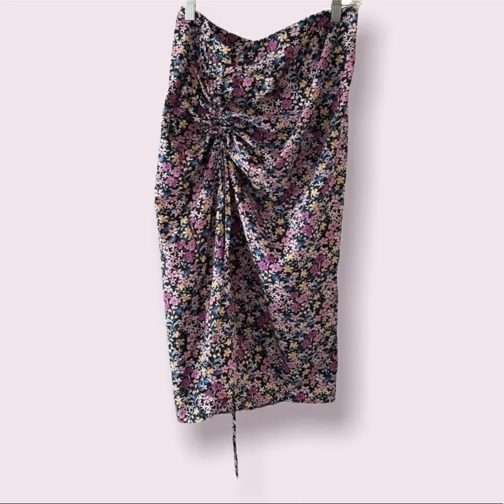SHEIN High-Waisted Dark Floral Ruched Midi Skirt Size Medium